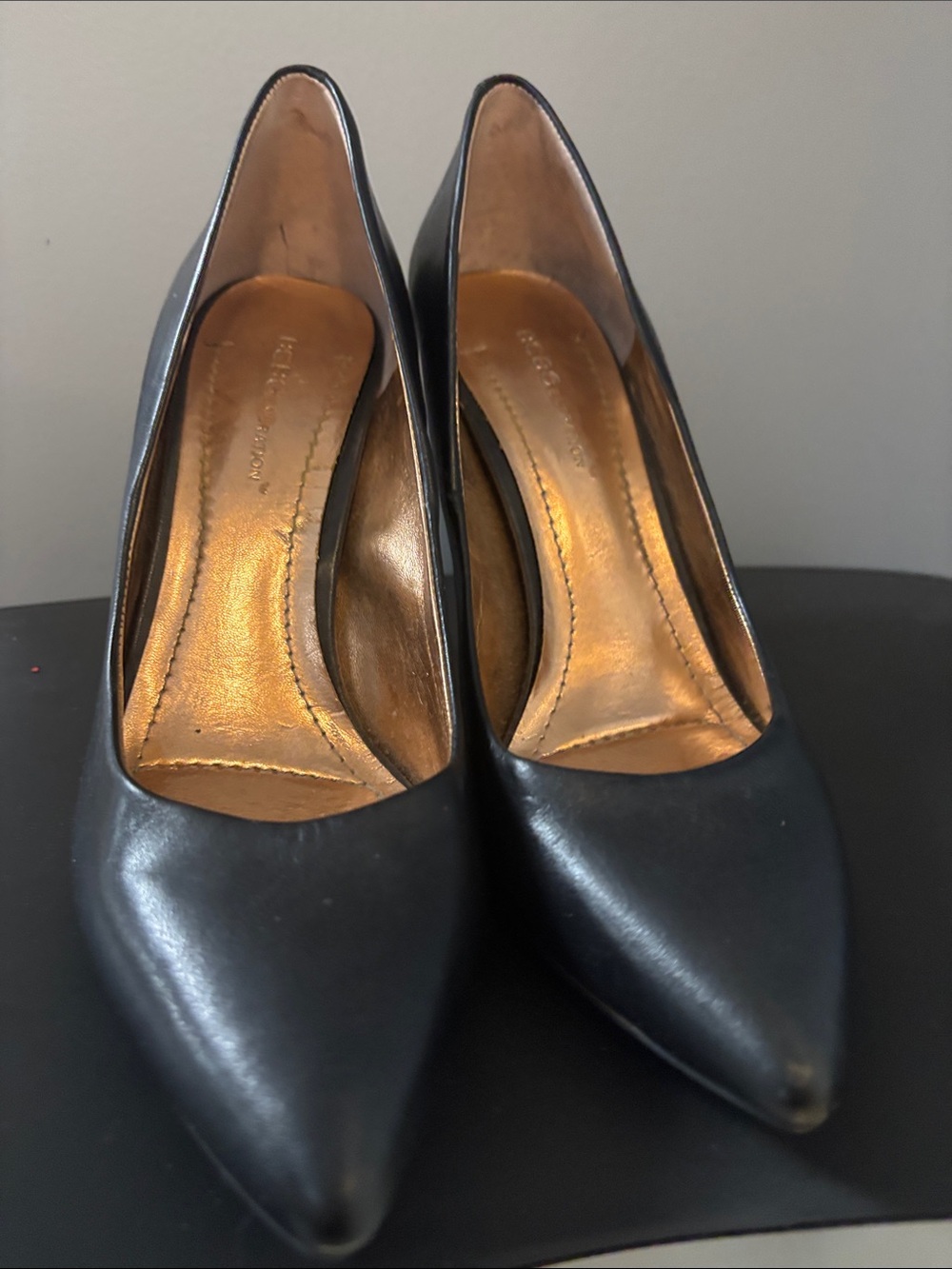 BCBGeneration Black Pointed-Toe Leather Pumps with Gold Insole